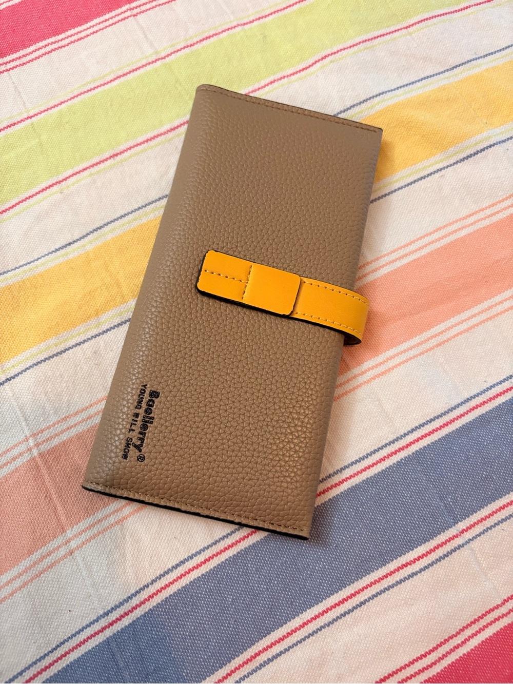 Brown Leather Long Wallet with Yellow Strap